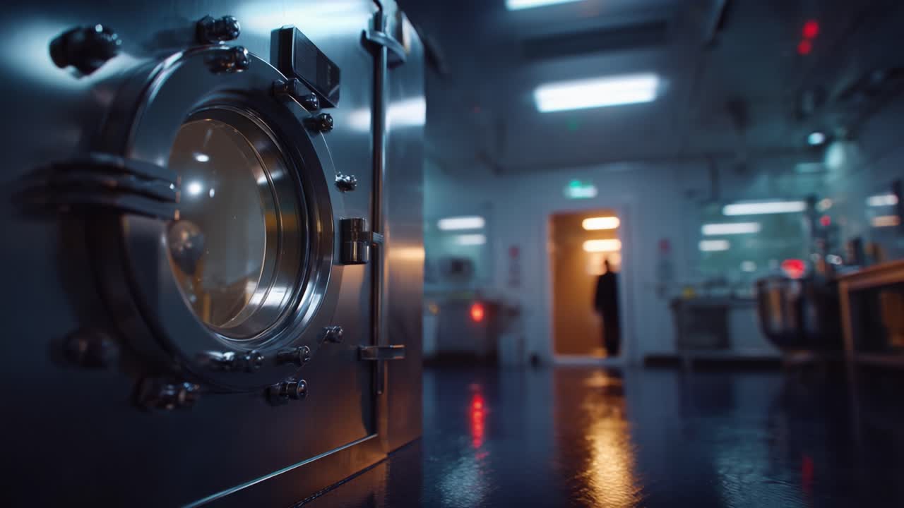 Uma visão em close-up da entrada de um cofre seguro, enfatizando suas características metálicas e o corredor iluminado em uma instalação comercial, transmitindo segurança e mistério