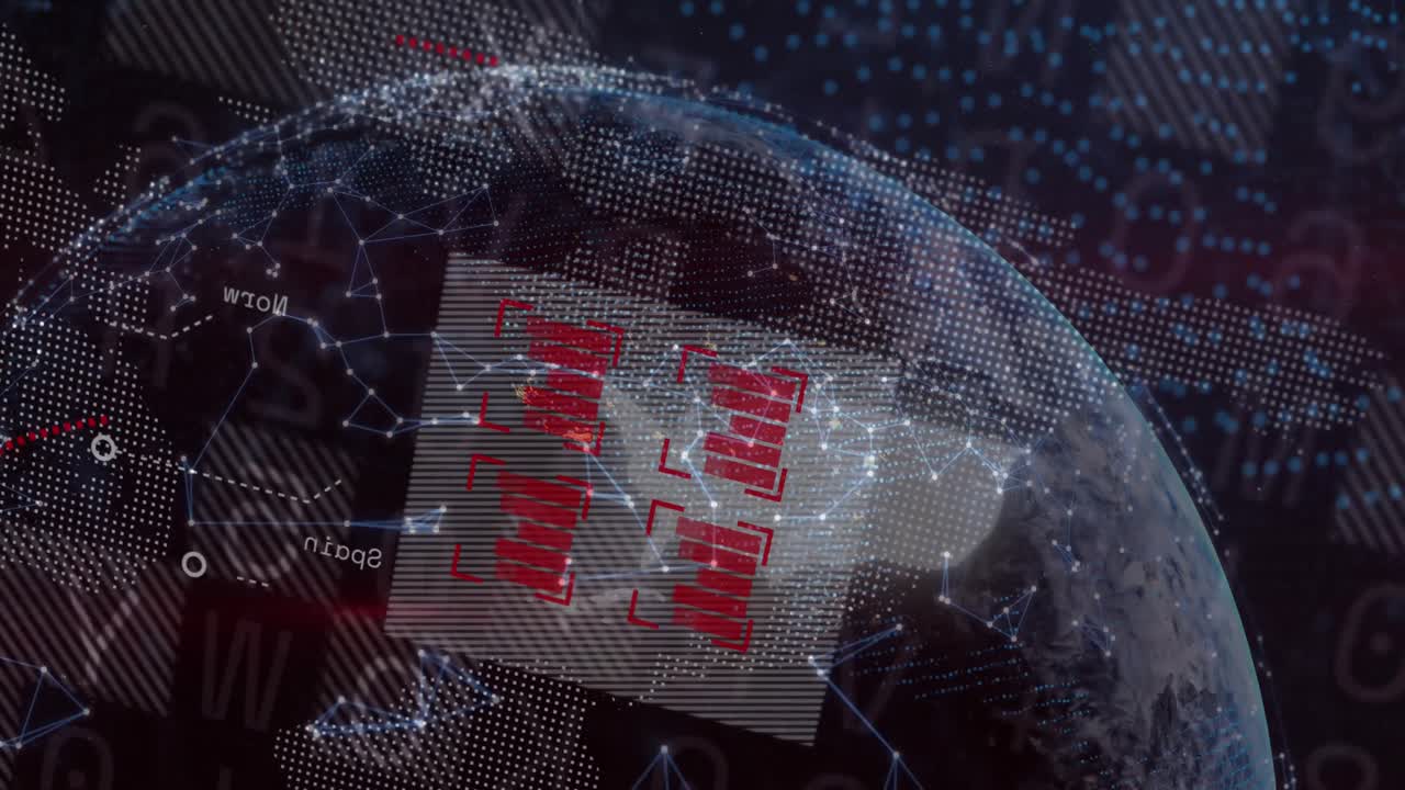 animación del globo y procesamiento de datos financieros sobre fondo negro