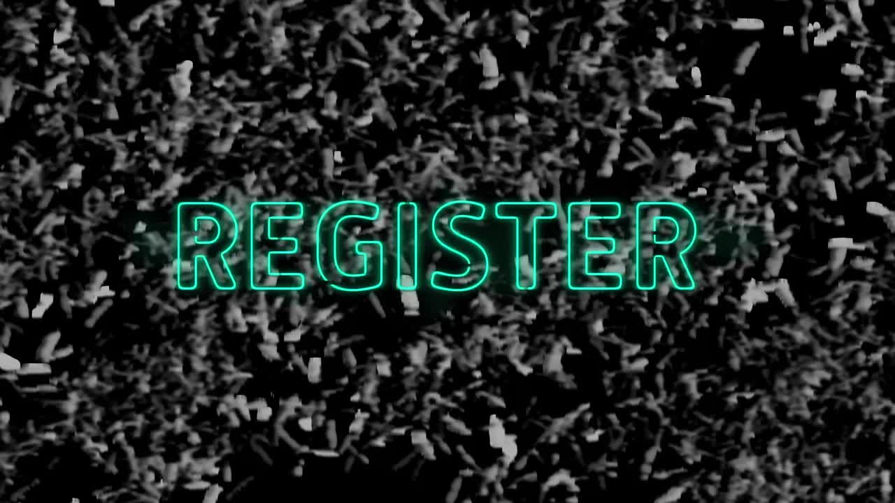 단색 잔디 배경에 파란색 네온 텍스트의 애니메이션, 레지스터
