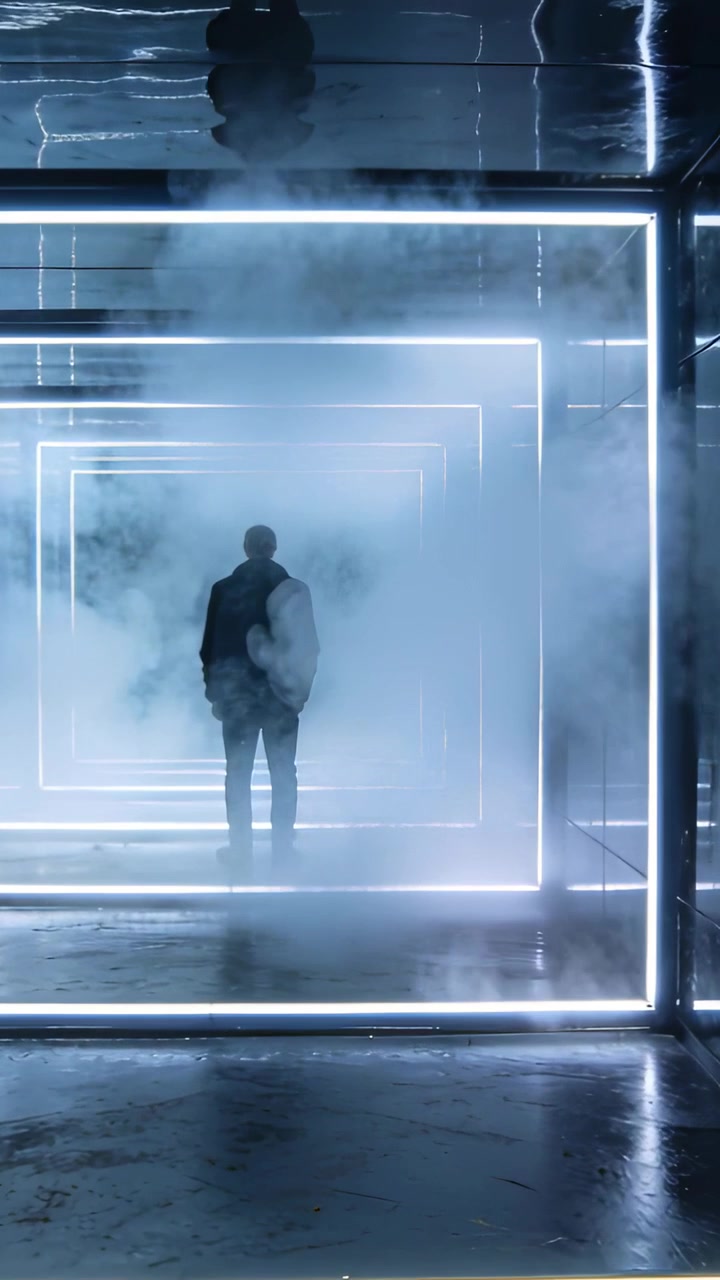 Vertical video: Fog machine releasing haze, man stepping into LED square tunnel, experiencing art