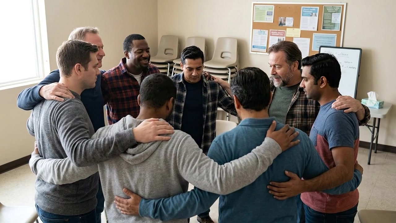 Diverse Group of Men Standing in a Circle for Support Group Meeting