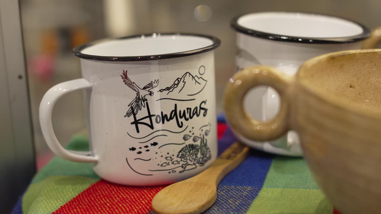 Coffee mugs with handmade Honduran folk art, artisan gifts, cultural heritage tourism