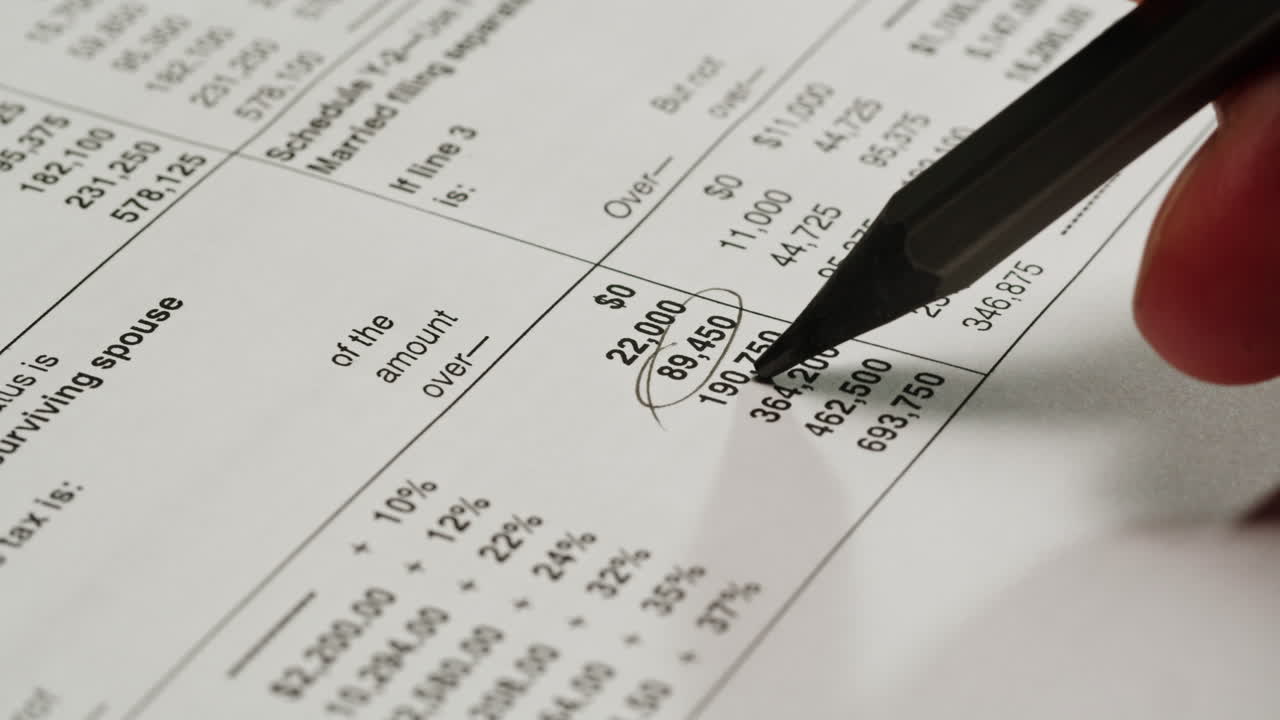 Hand with Pencil Circling Numbers on a Tax Document