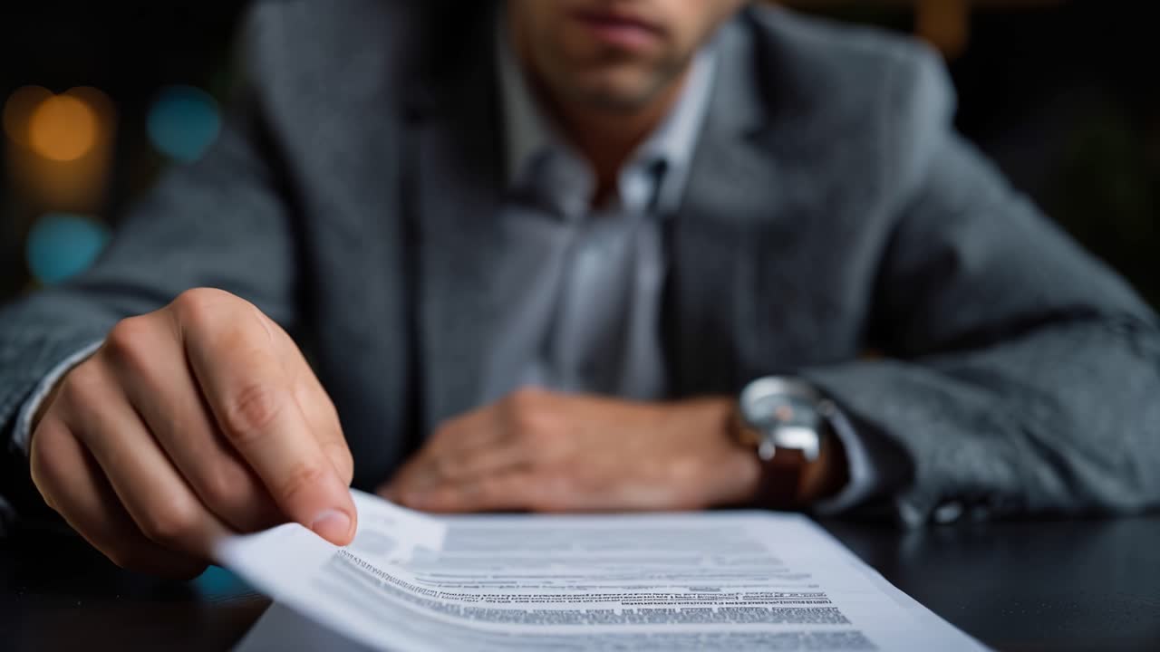 Un individuo concentrato in abiti professionali esamina documenti importanti, mostrando un momento contemplativo di analisi e processo decisionale in un ambiente aziendale.