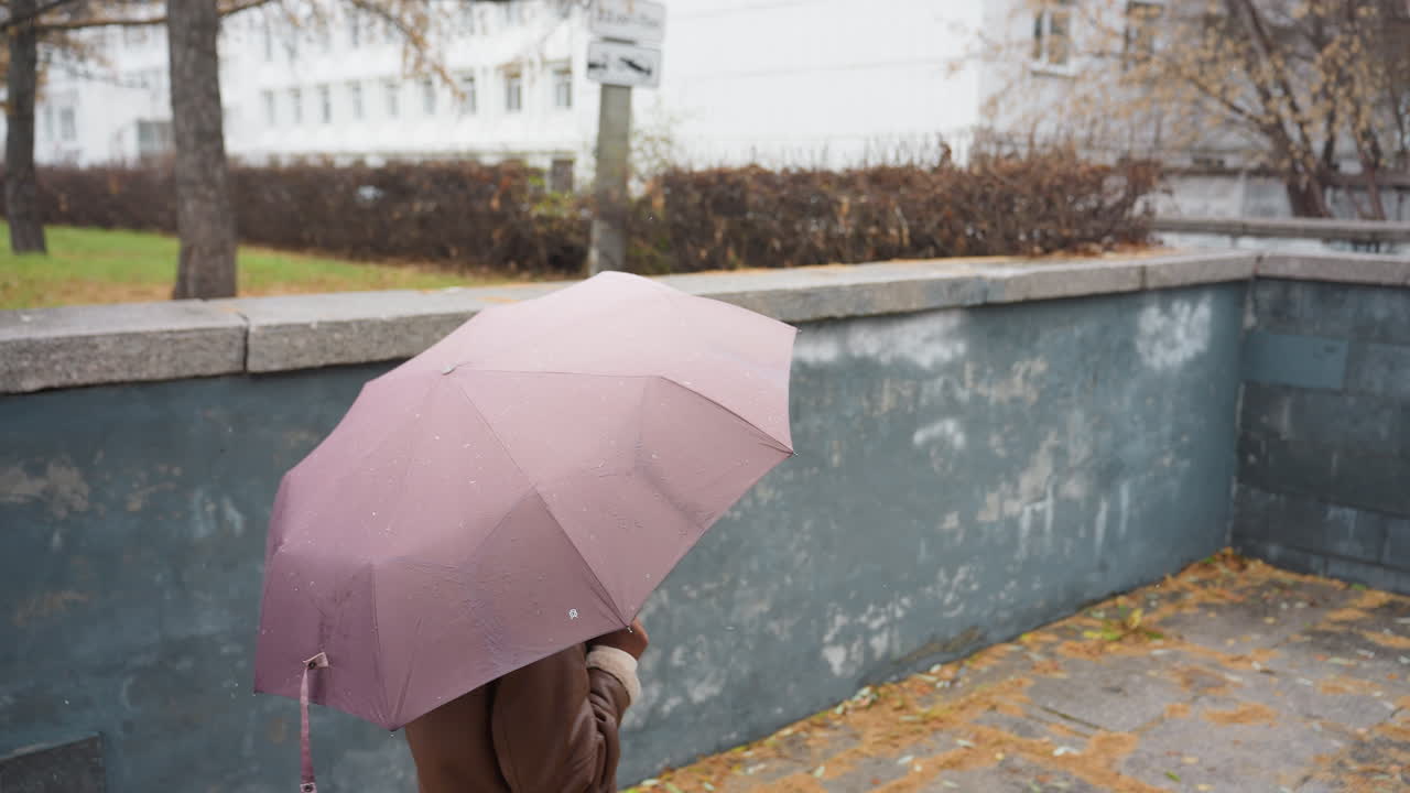 Happy lady smiling on phone call holding umbrella, wearing knit cap, brown shearling jacket, black trousers, walking down stone steps during light snowfall with colorful autumn leaves