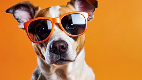 a dog wearing a pair of orange sunglasses on an orange background