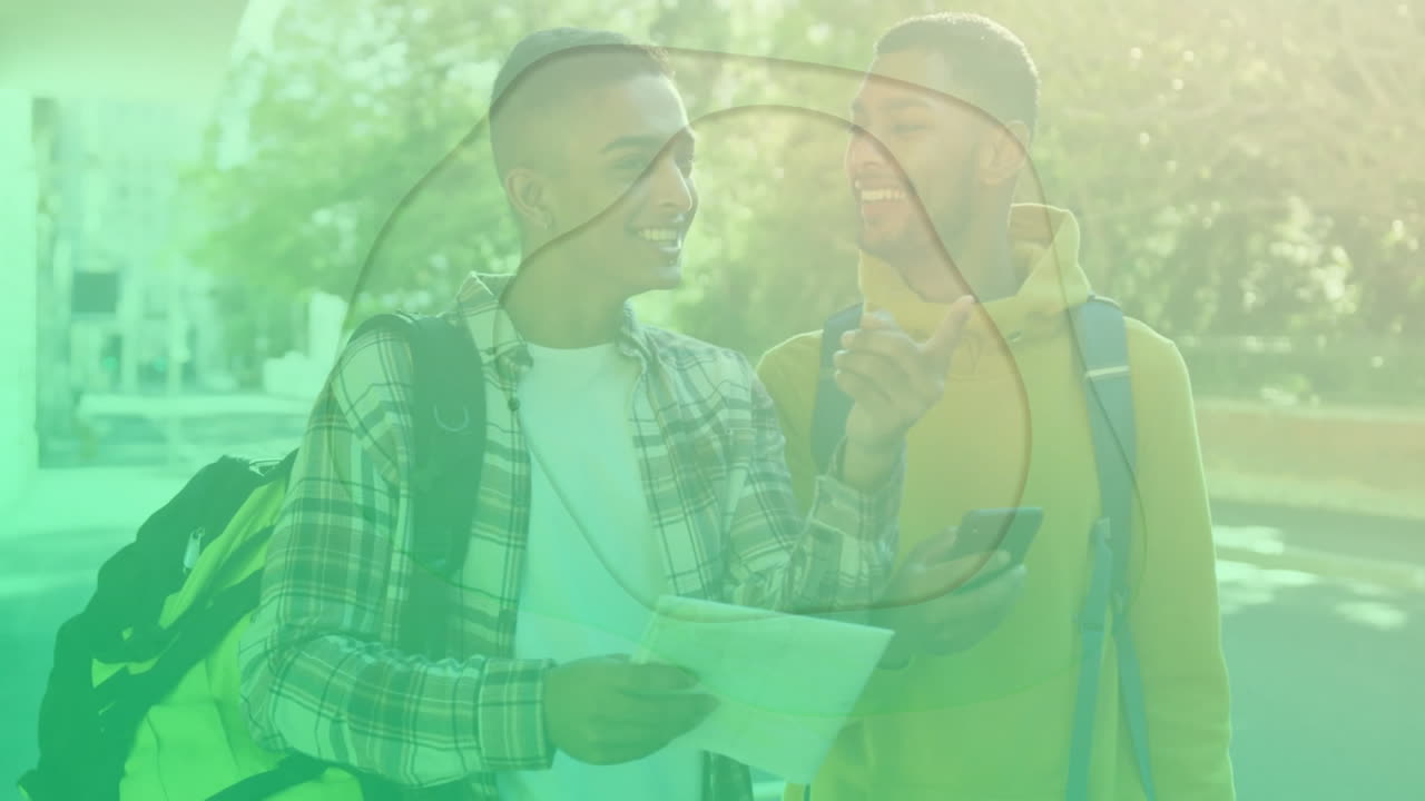 Two friends walking urban scene, using map and smartphone with animated technology icons