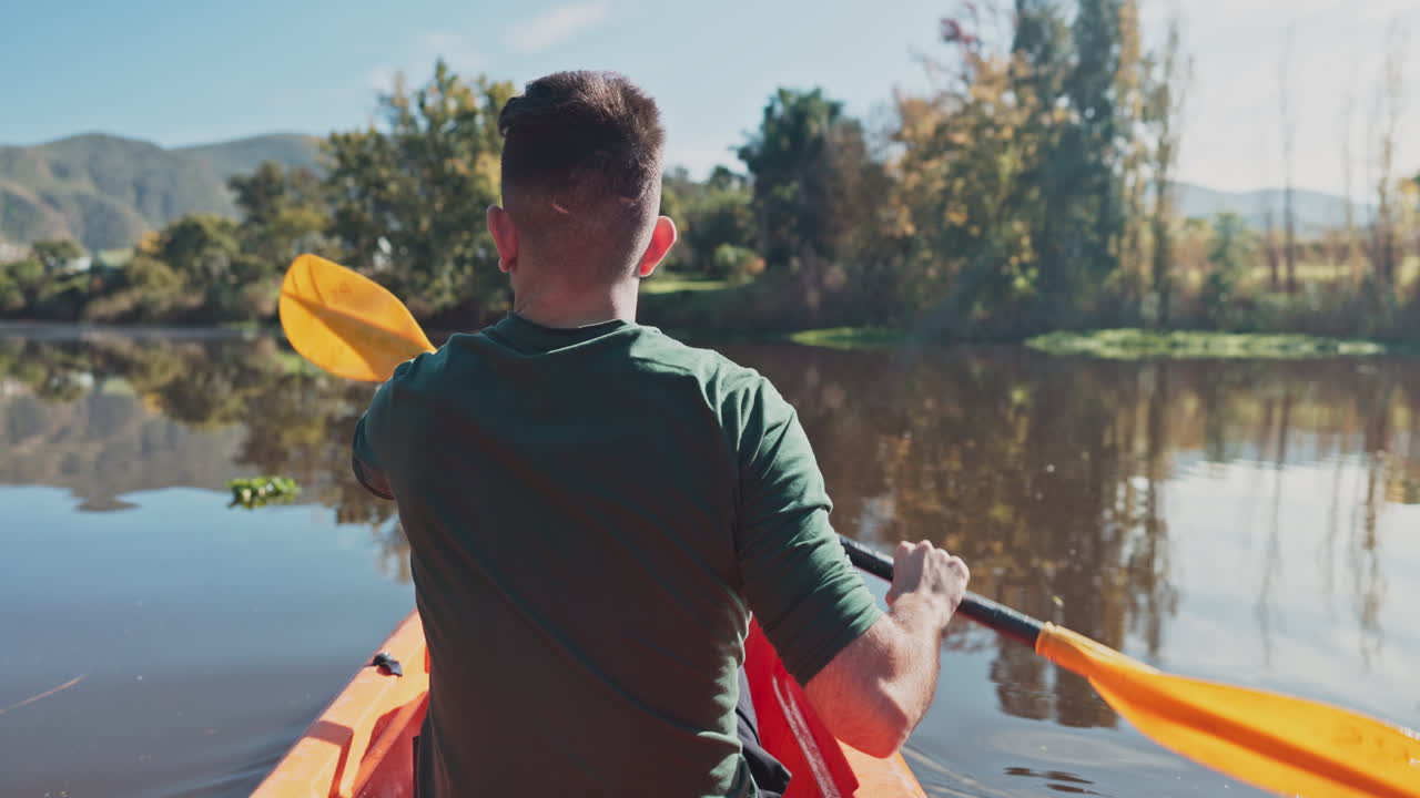 Kayak, river and back view of man on an adventure