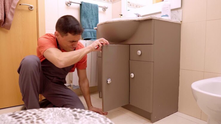 Plumber inspecting and repairing bathroom sink cabinet