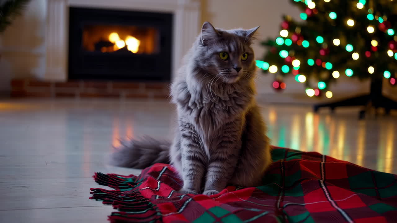 Gray Cat Relaxing by Christmas Tree