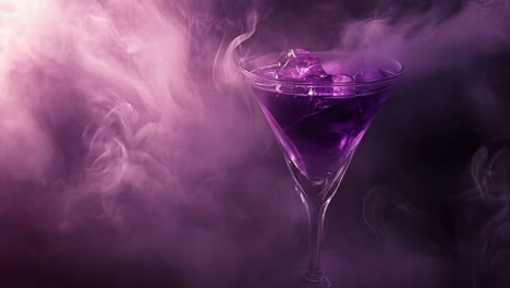 purple cocktail with ice and smoke