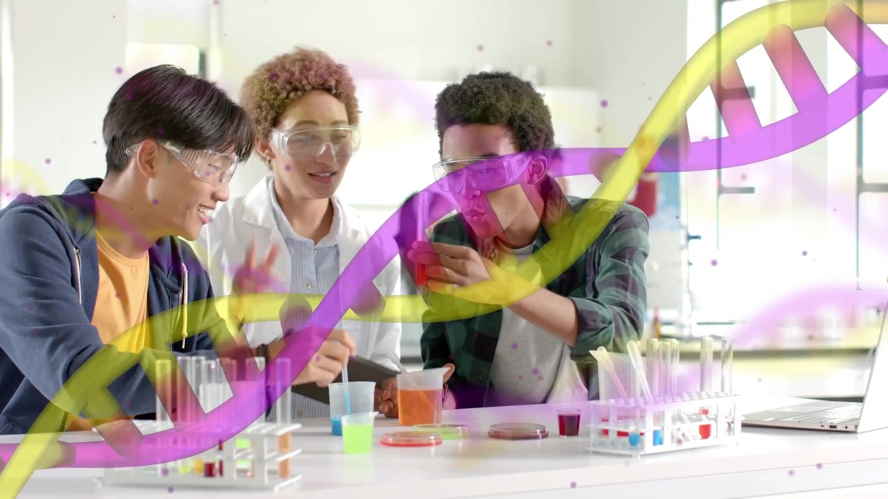 Trio de estudantes realizando trabalho de laboratório de ciências, gota de pipeta causando sobreposições de DNA enquanto o telefone captura os resultados.