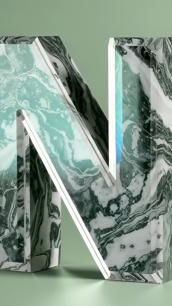 Vertical video: Camera shifting right revealing 3D letter N rotating in studio to show glass finish