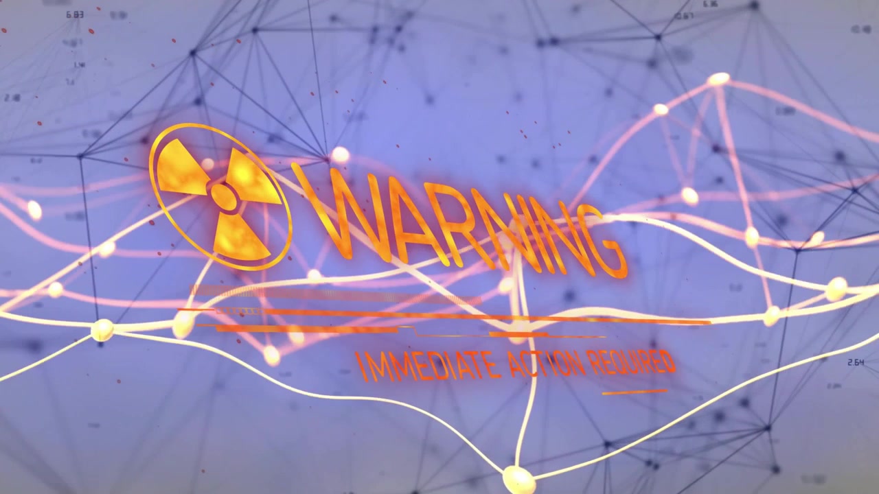 Glowing ribbons entering initiating trefoil and WARNING forming letters scaling signaling action
