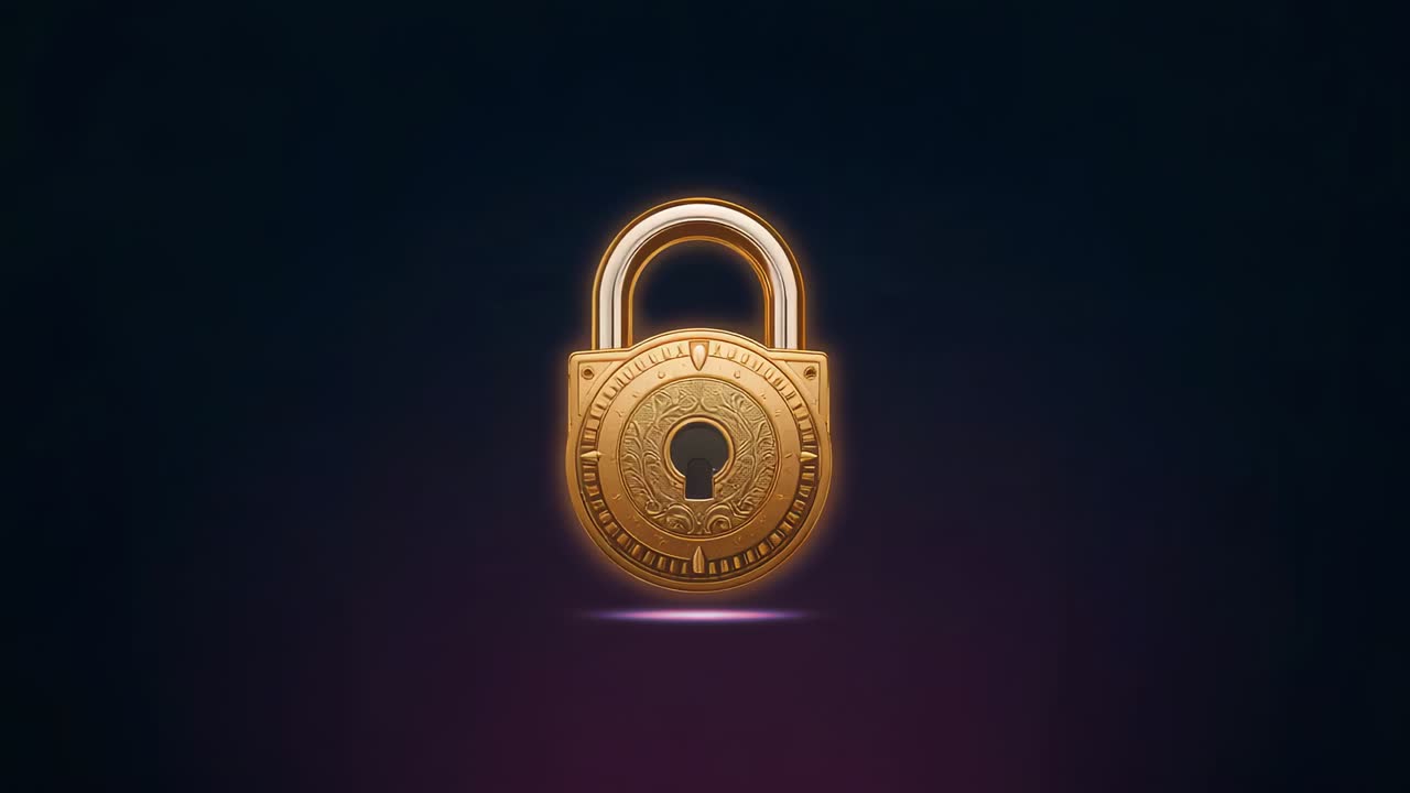 Starting animation gold padlock rotating right returning on dark gradient bg, pulsing purple dot