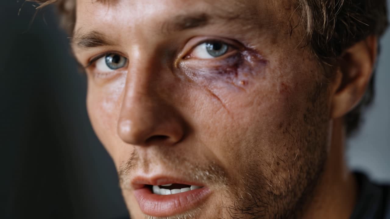 Nahaufnahme eines Mannes mit einem blauen Auge. Sein Blick ist ernst, leicht müde. Ein leichtes Stirnrunzeln deutet auf Schmerz oder Stress hin. Geeignet für Geschichten über Verletzungen, Kampf oder Widerstandsfähigkeit.