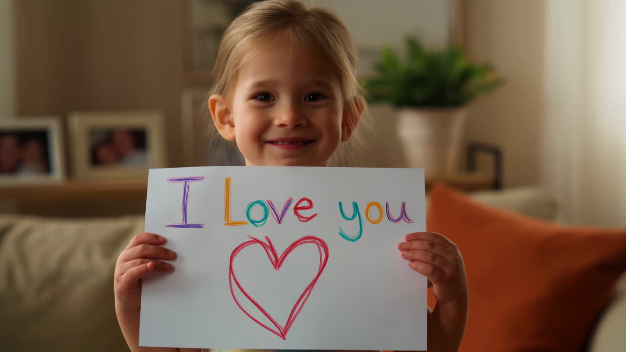Piccola bambina bianca che tiene un cartello con la scritta "Love", sorridendo calorosamente in un accogliente soggiorno con cuscini e foto incorniciate.