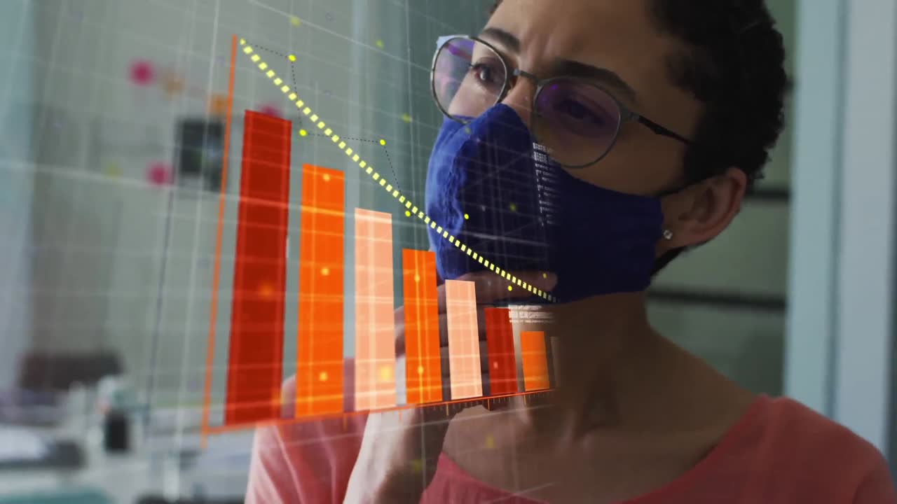animación de las estadísticas de covid-19 y el procesamiento de datos sobre la mujer en máscara rápida en la oficina