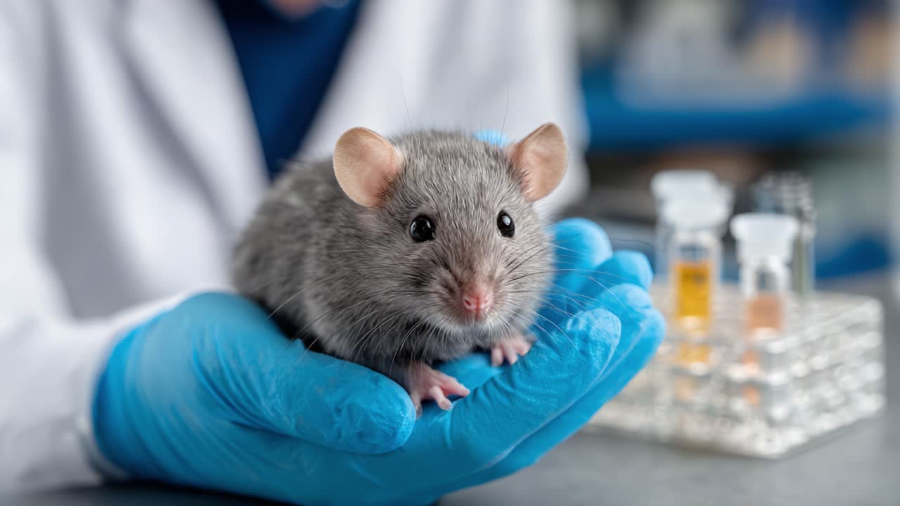 A laboratory mouse is gently being held in a gloved hand, showcasing its distinct features while surrounded by scientific equipment and a sterile environment