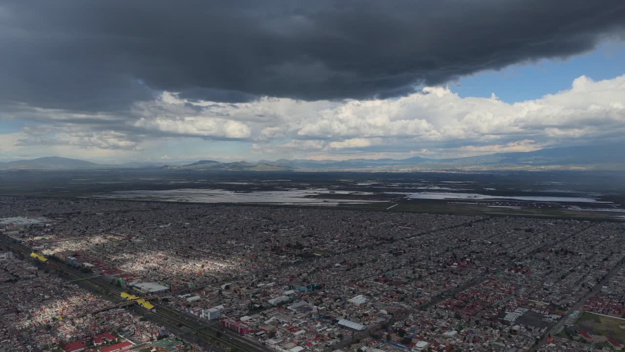 Rainy afternoon in Valley of Mexico, drone view from north