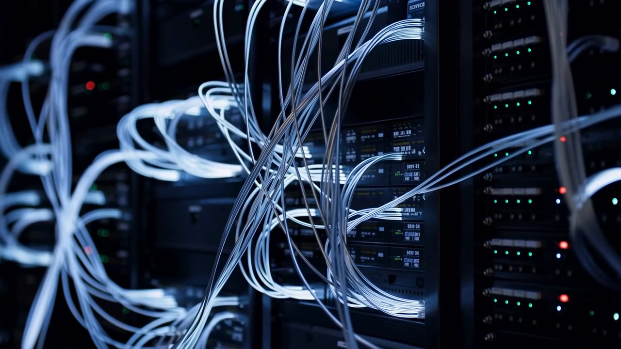 Closeup Fiber Cables Server Racks Glowing Entangled In Dim Data Center Environment, Blue LED Indicators