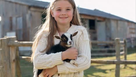 girl holding baby goat on farm, wearing sweater