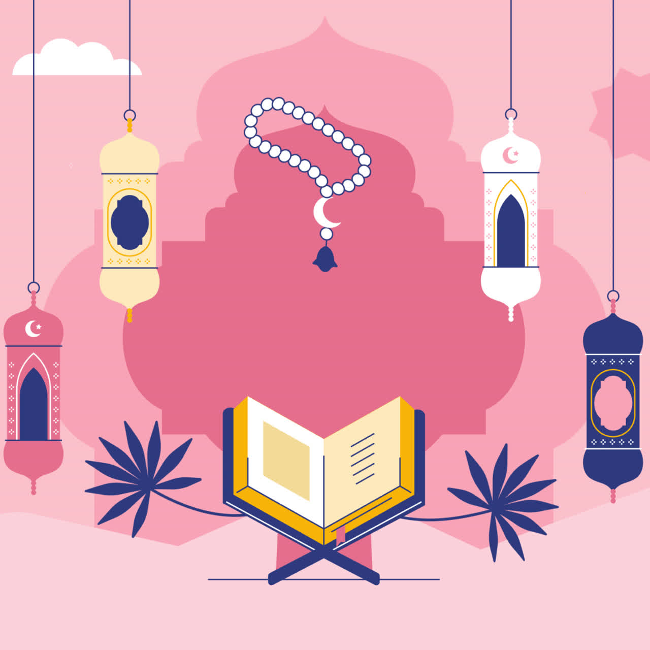 Islamic Religious Illustration with Quran, Lanterns, and Beads