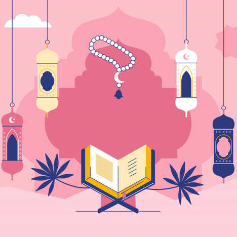 islamic religious illustration with quran, lanterns, and beads