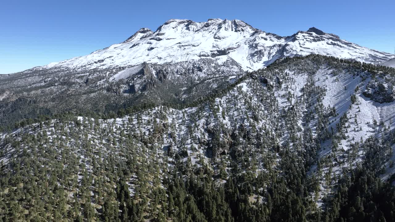 Aerial Footage of one of the most famous mountains in México covered in snow after a big storm