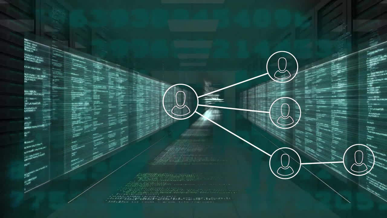 Animation of network of connections with people icons and data processing over servers