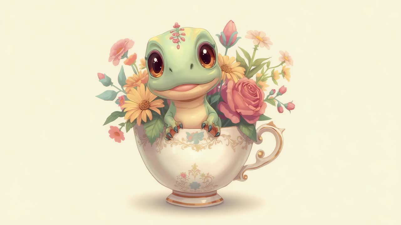 Cute Lizard in Teacup with Flowers