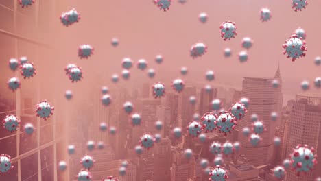 Animation-of-covid-19-cells-floating-over-cityscape-on-red-background