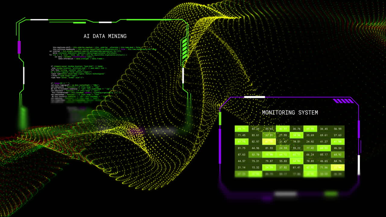 animación de la red 3d amarilla y las interfaces con el sistema de extracción y monitoreo de datos, en negro