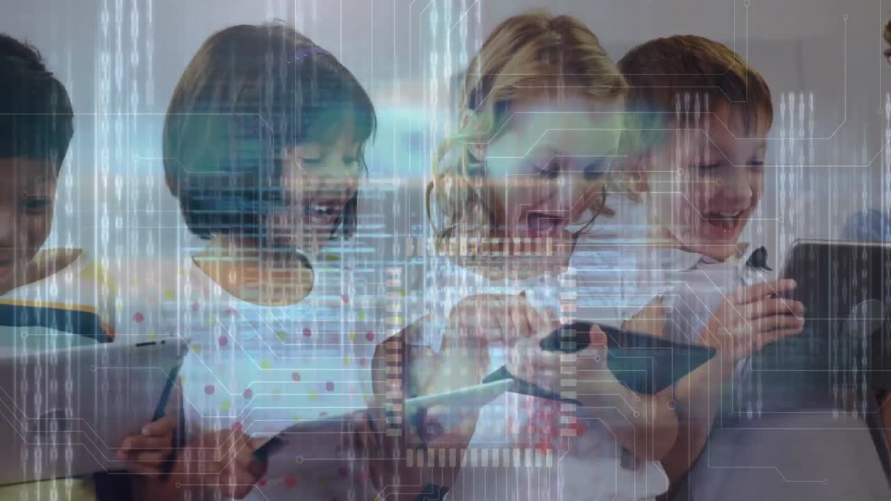 태블릿을 사용하는 행복한 다양한 학교 학생들에 대한 데이터 처리의 애니메이션