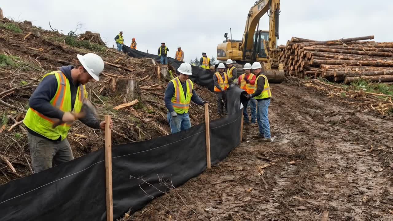 Construction Crew Installing Silt Fence and Environmental Worker Examining Fungi