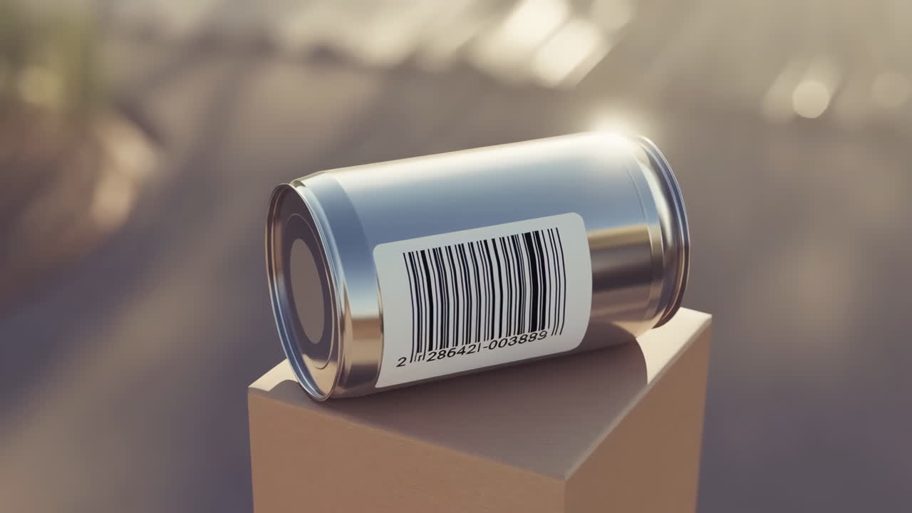 A silver metallic can with a barcode label on a light brown block