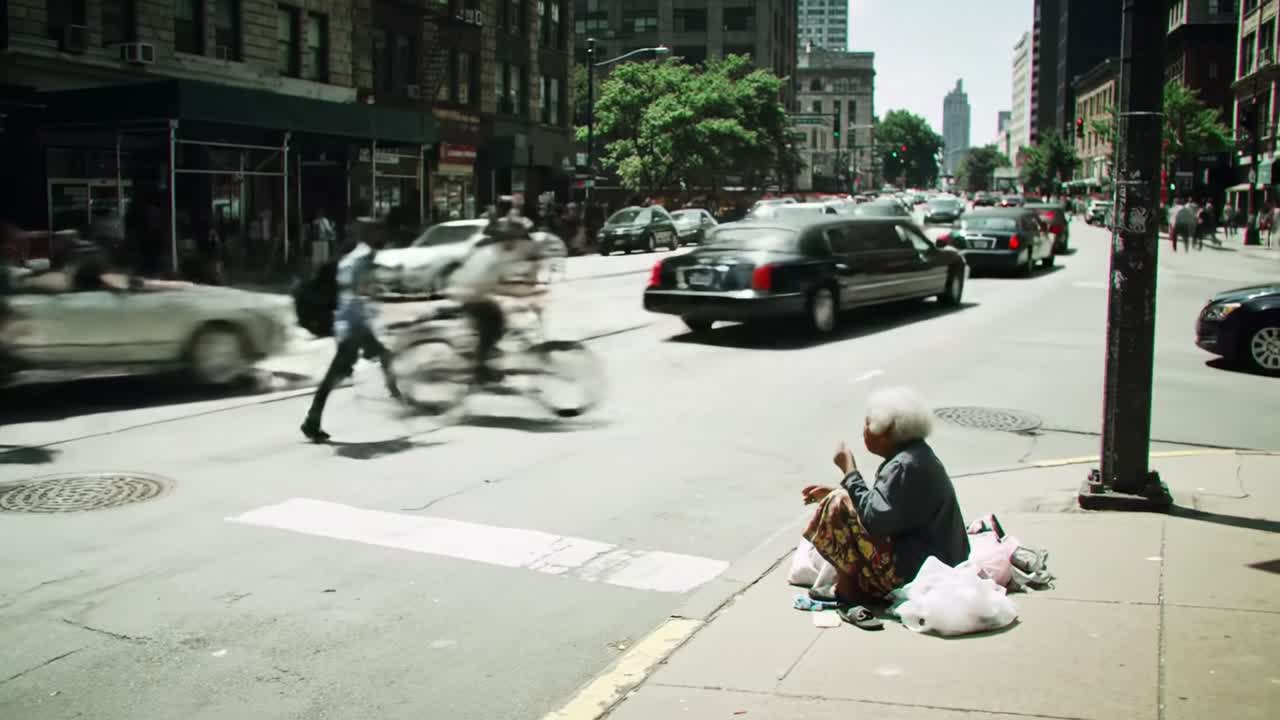 A crowded city street filled with cars and pedestrians showcases the busy urban life. An elderly woman sits on the sidewalk, observing the activity around her.