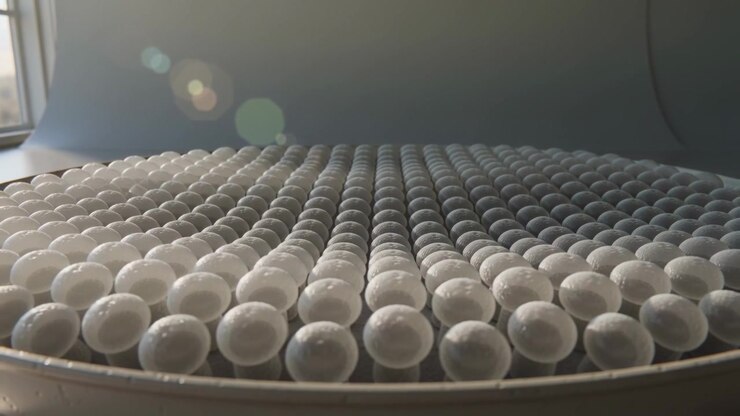 Camera pulling back, white-sphere array revealing wave pattern on tray near window, lens flare