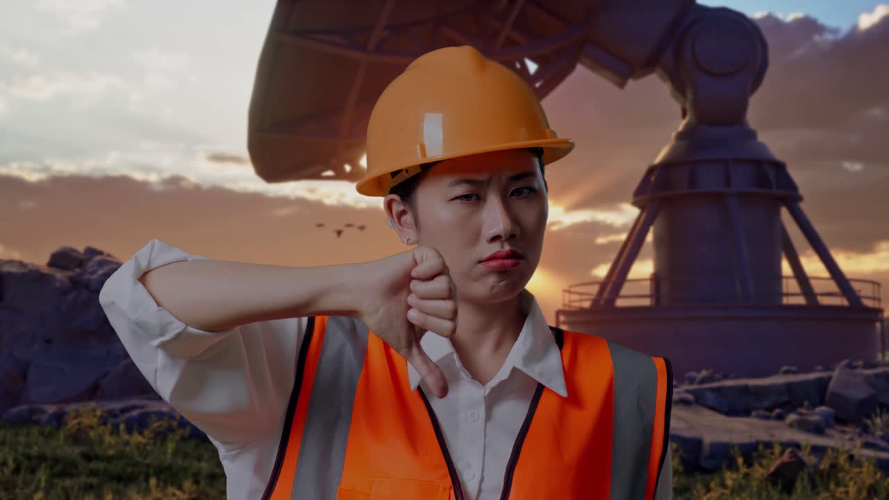 Close Up Of Asian Female Engineer With Safety Helmet Showing Thumbs Down Gesture And Shaking Her Head While Standing With Large Satellite Dish