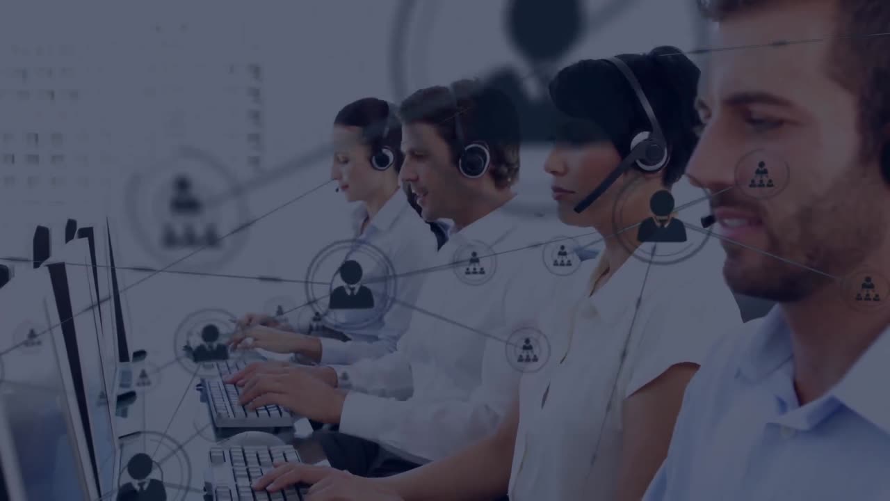 Animation of network of connection with icons over business people wearing phone headsets