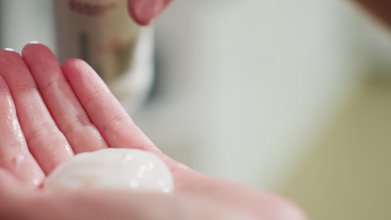 Primer plano de una mano recibiendo crema vertida sobre la palma, loción blanca suave dispensada de una botella, ligero apretón y gotas brillantes, fondo borroso de encimera de baño, demostración de rutina de cuidado de la piel, hidratación