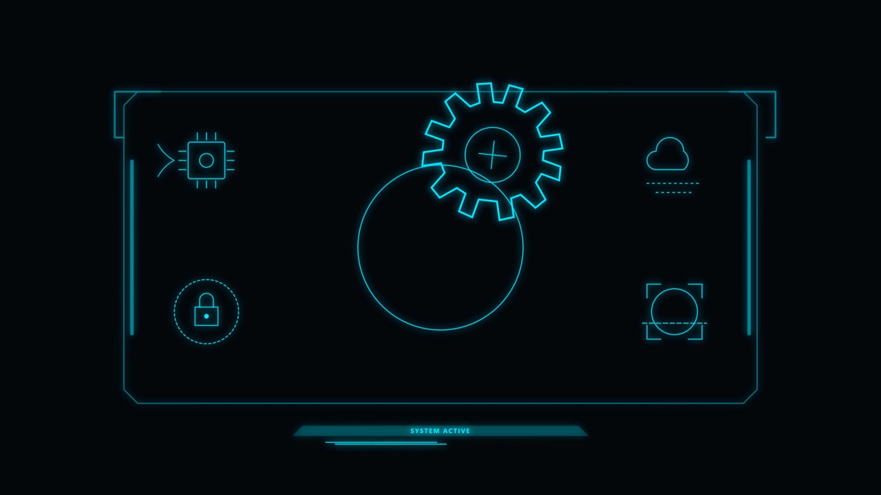 Futuristic Digital Interface with Animated Gear and Icons