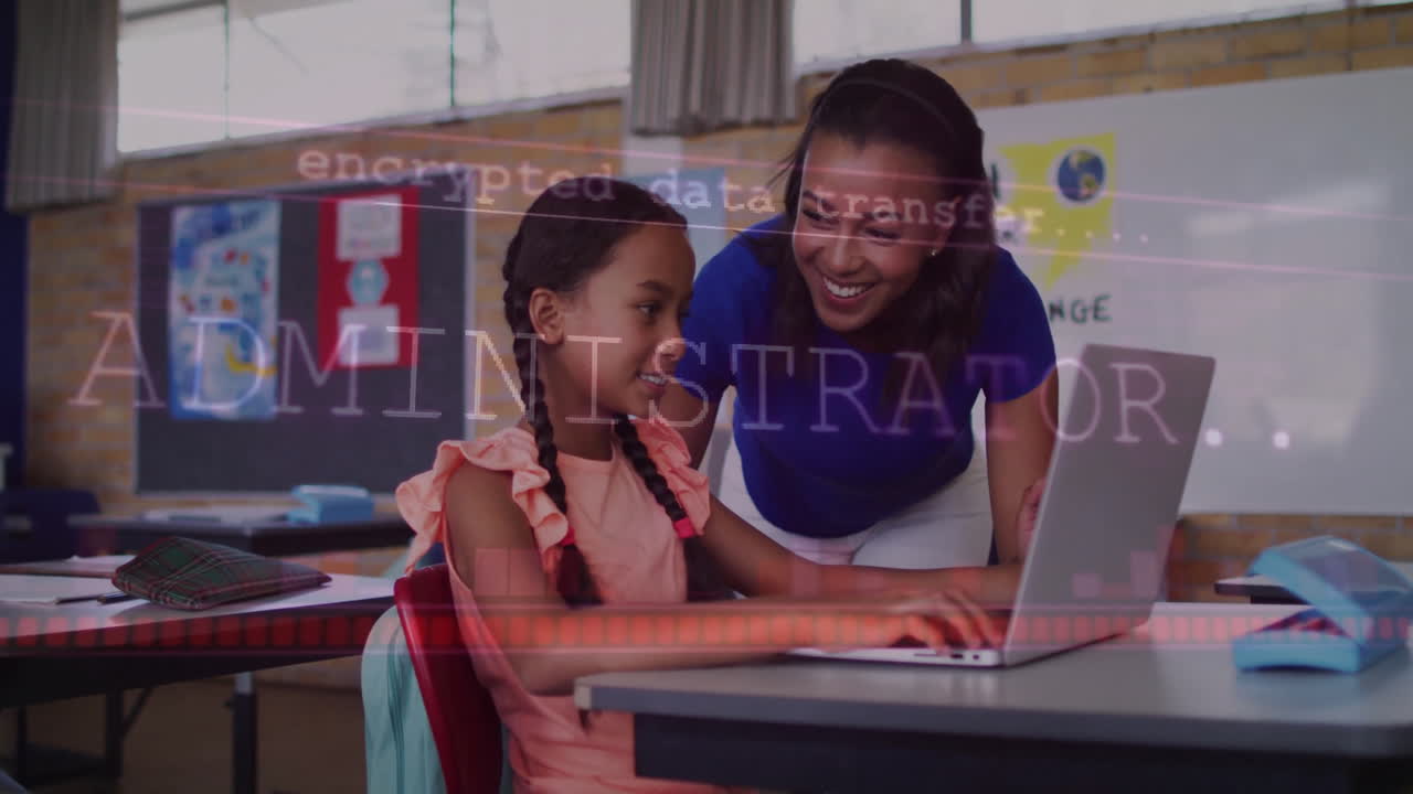Teacher leaning over student typing on laptop in classroom, with animated globe graphic floating