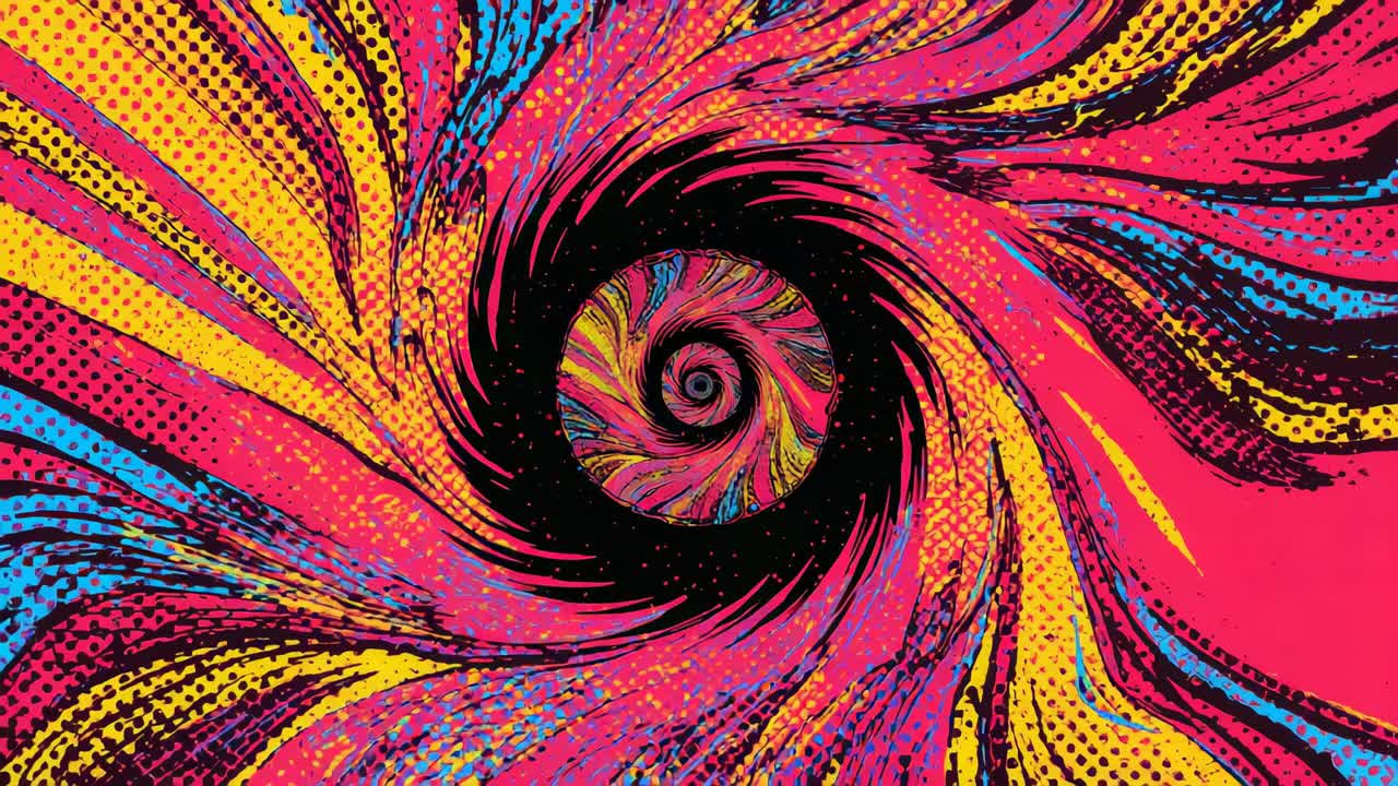 Spindende spiralvortex, der trækker maling ind med sort kanaludvidelse på skiven, hvilket skaber en hypnotisk kerne