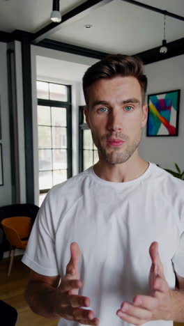 man in white t-shirt talking