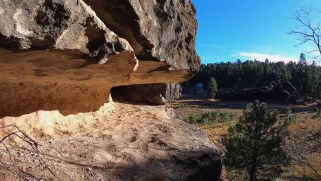 una cornisa de roca protectora y la entrada de la cueva dan a un bosque de pinos