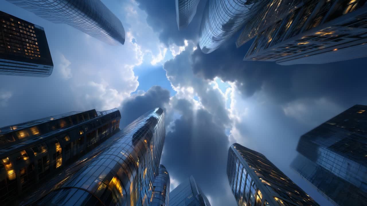 Een adembenemend uitzicht op torenhoge wolkenkrabbers die reiken naar een helderblauwe lucht met dramatische wolken en lichtstralen die door het stedelijke landschap stromen