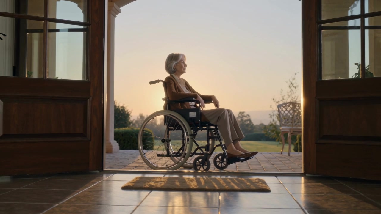 Anziana donna seduta che sposta la sedia a rotelle oltre la soglia di casa mentre le doppie porte si aprono, guardando il tramonto.