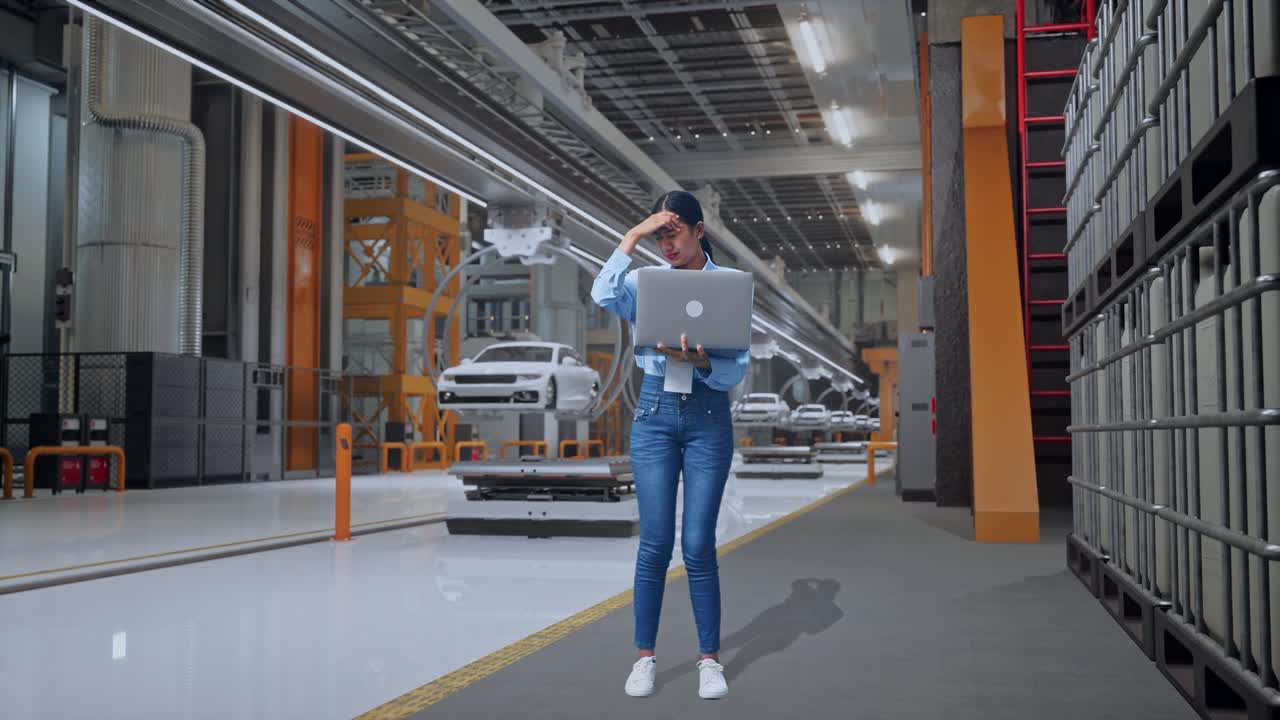 cuerpo lleno de una trabajadora profesional asiática de pie con su portátil en la fábrica de automóviles ev, instalación industrial de alta tecnología, ella está asintiendo con su cabeza con decepción