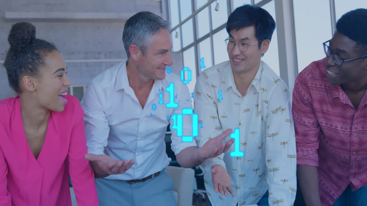 Animation of binary coding data processing over diverse business people in office